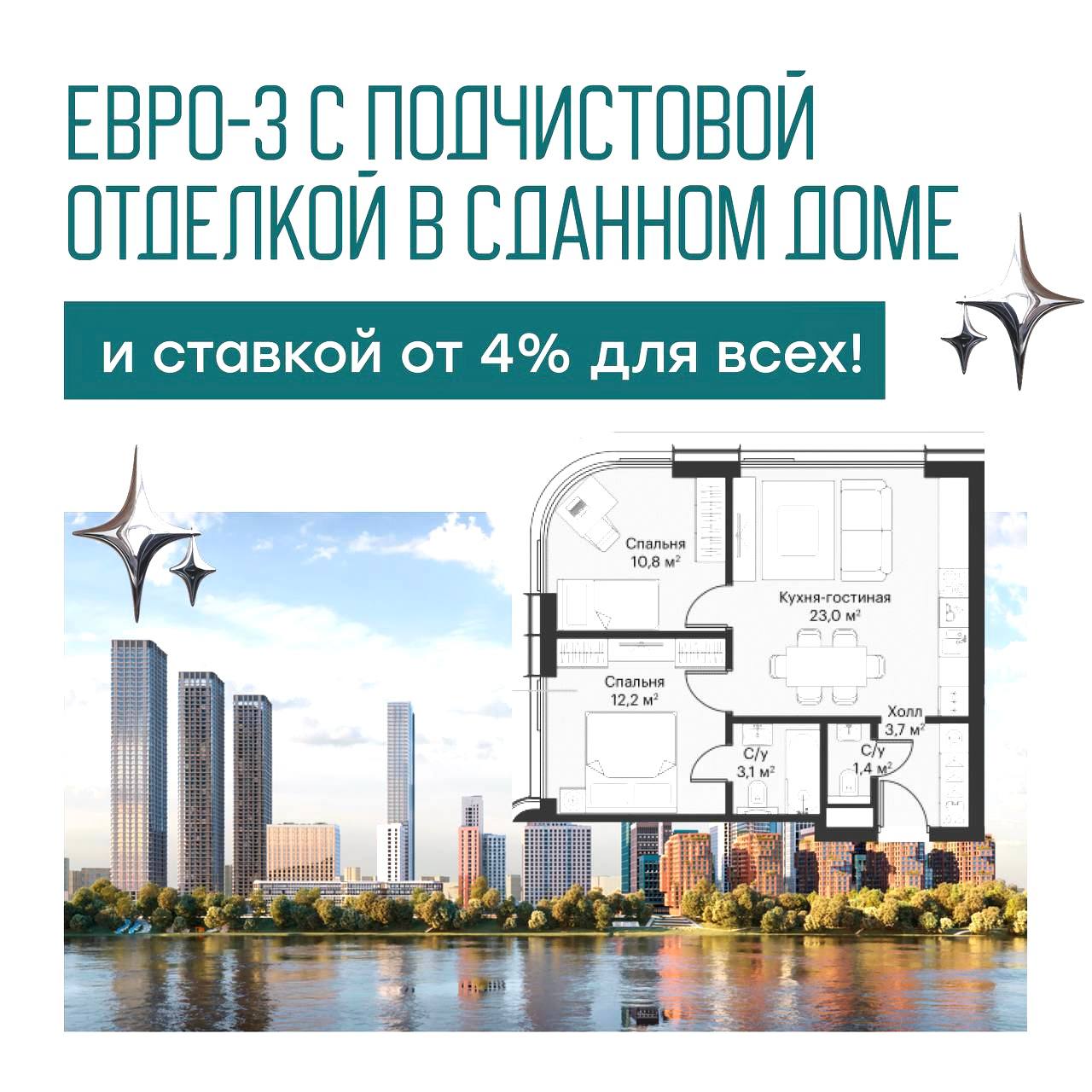 Платёж от 100 000 ₽ / мес. и ставка от 4% для всех на квартиру с предчистовой отдел...